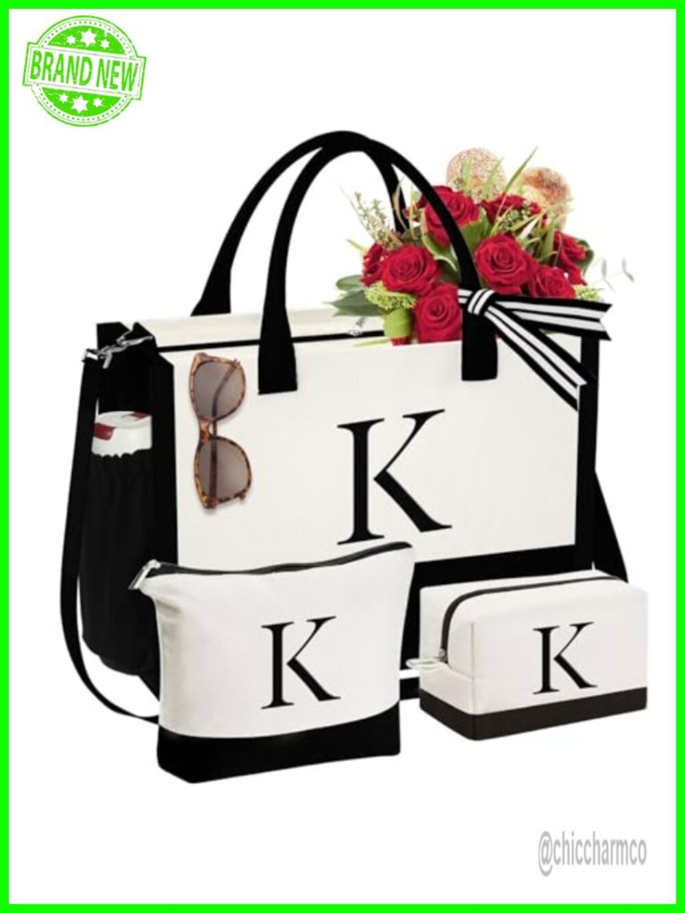 Initial Canvas Tote Bag Set with 2 Makeup Bags, Zipper, Adjustable Strap